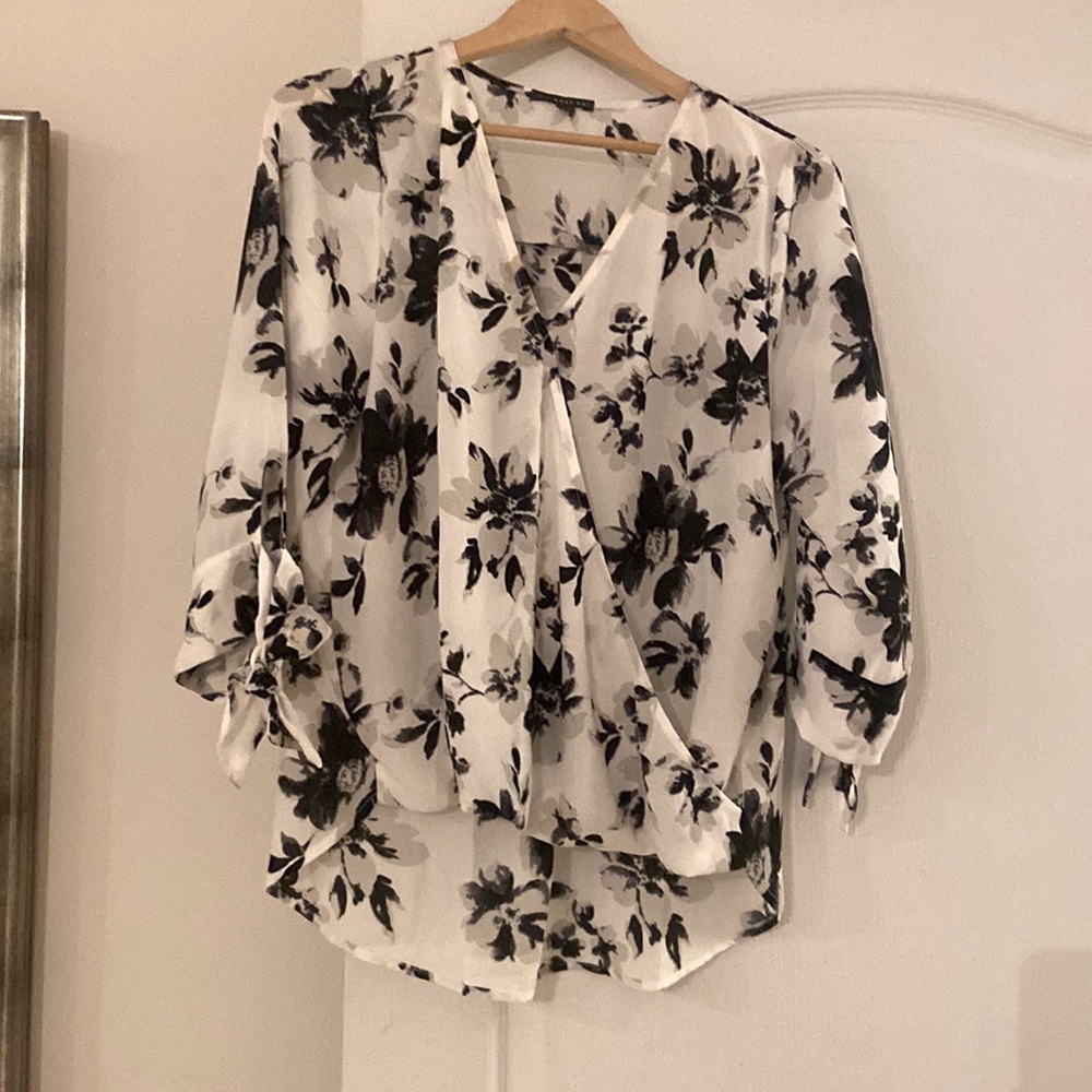 White with black and gray flowers flowing shirt